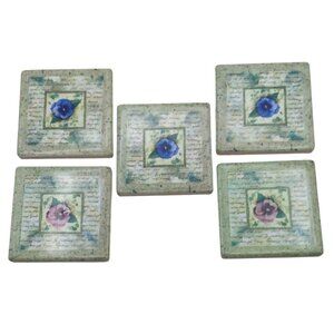 Vintage Ceramic Blue and Pink Pansy Magnets Set of 5 Floral Cottage Decor